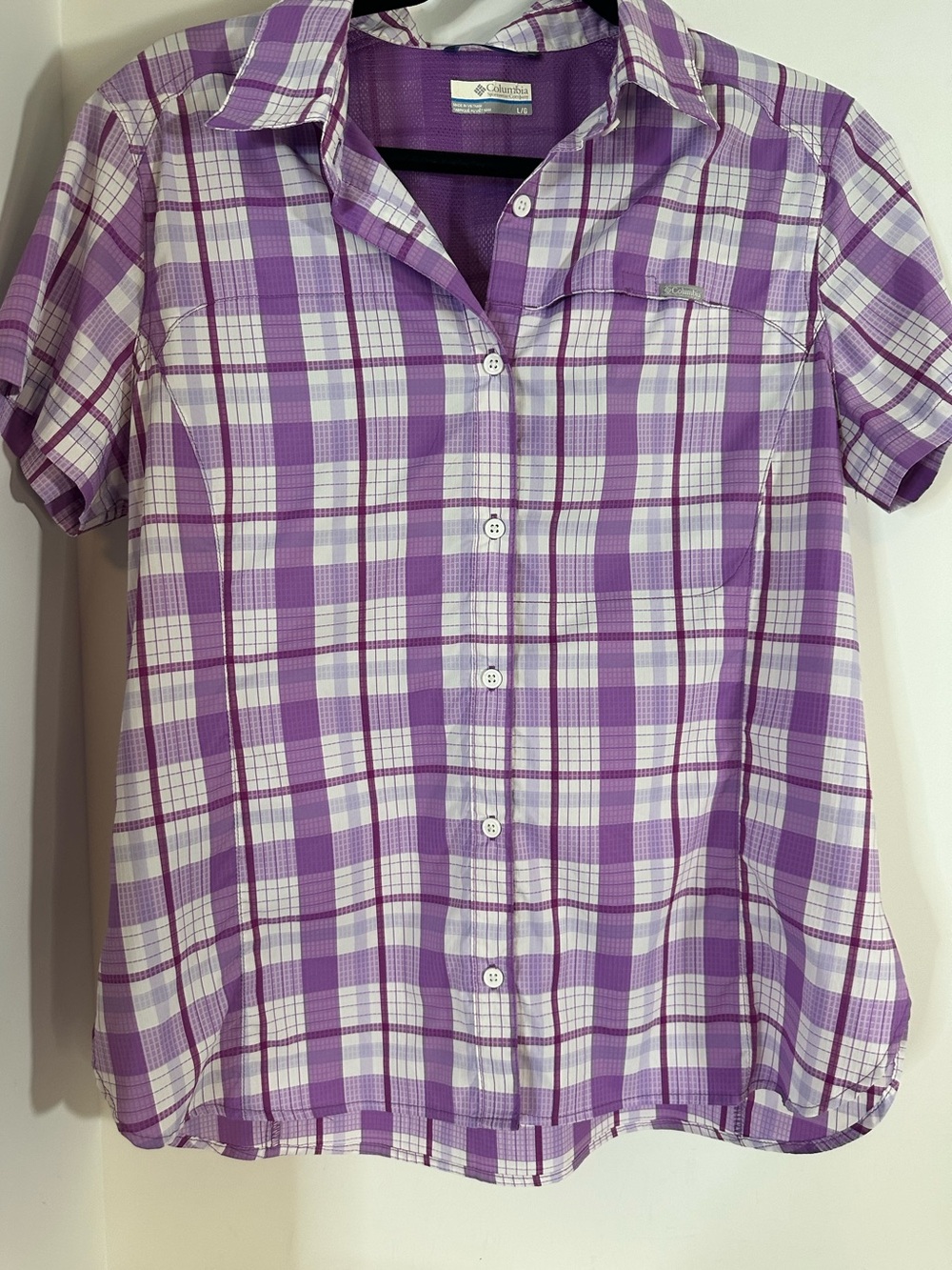 Columbia Purple and White Plaid Short-Sleeve Button Down Shirt